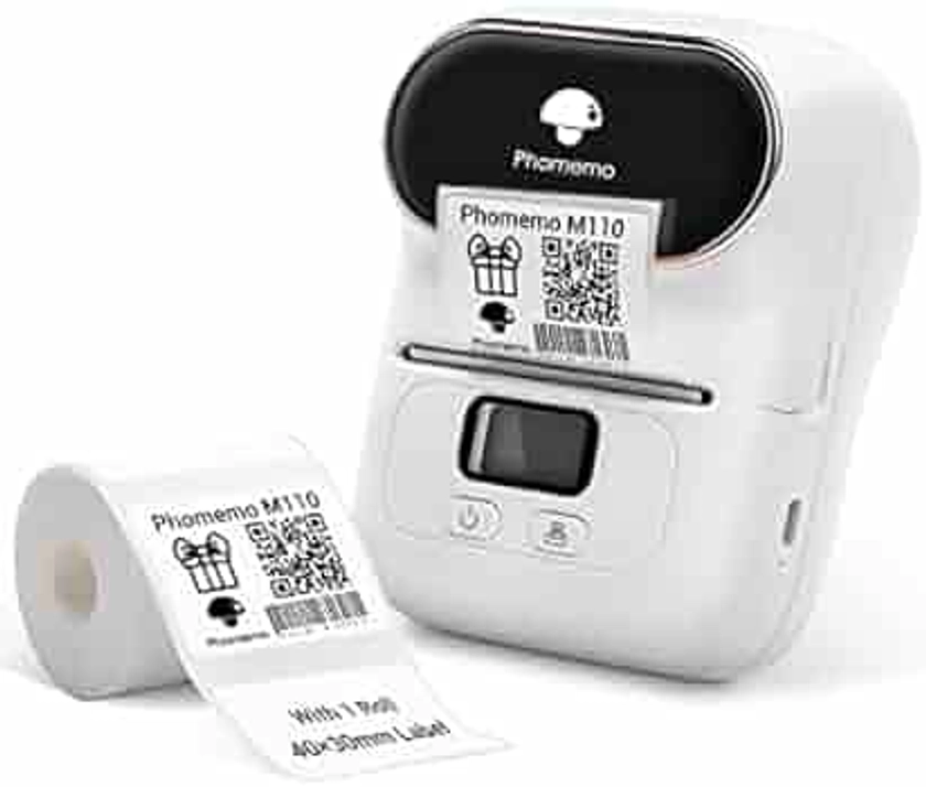 Phomemo M110 Imprimante d'étiquettes Imprimante d'étiquettes Bluetooth portable thermique Etiqueteuse,Convient pour bureau,transport,câble,Boutique,code à barres,Compatible avec Android et iOS,Blanc