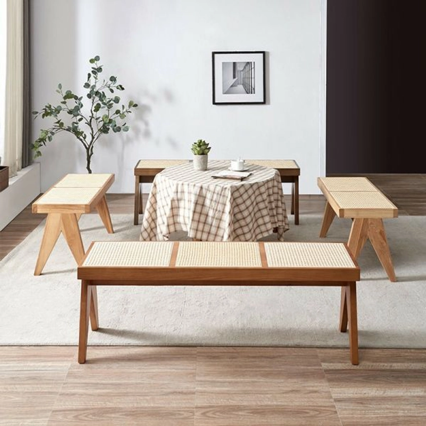 Minimalist Rectangular Ash Wood Dining Bench in Natural Finish/Brown Benches