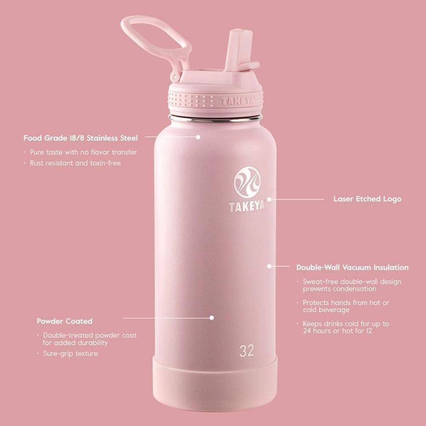 Takeya Actives Insulated Stainless Steel Water Bottle with Straw Lid, 32 oz, Blush