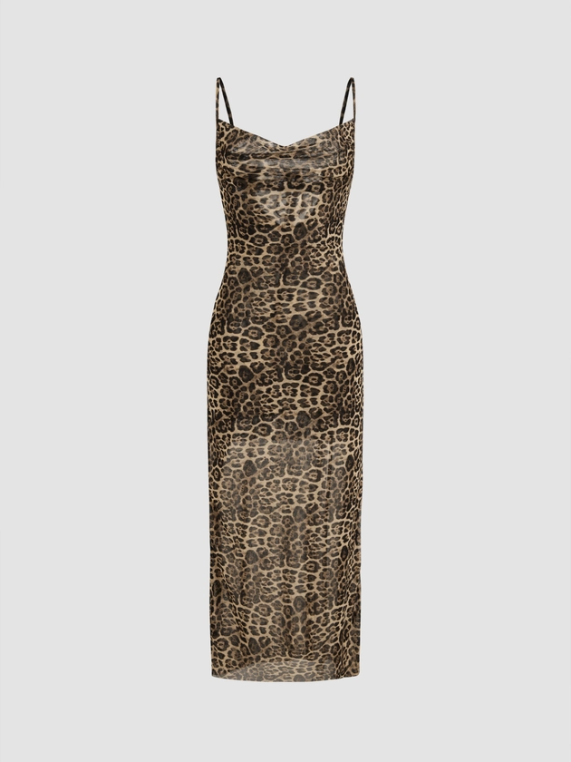 Mesh Cowl Neck Leopard Maxi Dress