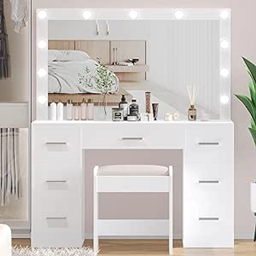 Amazon.com: Irontar Vanity Desk with Stool, Makeup Table with Lighted Mirror, 3 Color Lighting Modes, Brightness Adjustable, Dressing Table with Drawers, Vanity Table Set for Women, Girls, White WDT004WD : Home & Kitchen