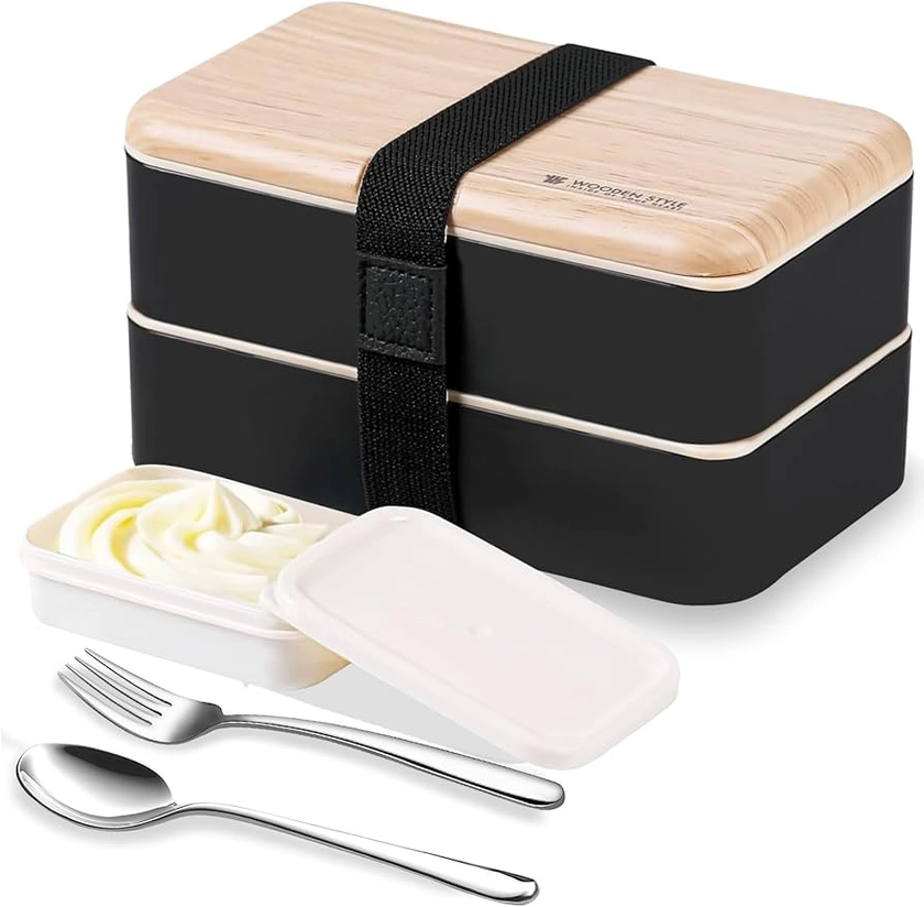 Binoster Boîte bento Repas Boîte à Lunch Boîte à Déjeuner gouter Bundle Divider Style Japonais Lunch Box avec Une cuillère et Une Fourchette en Acier Inoxydable (noire)