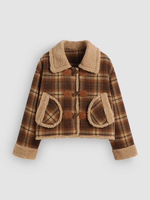 Fleece Collar Tartan Pocket Toggle Button Oversized Jacket