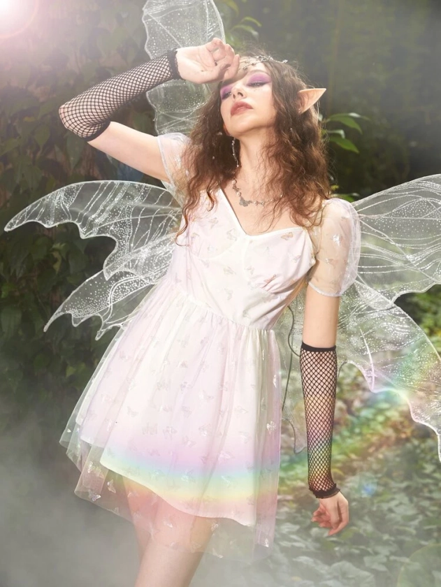ROMWE Fairy Grunge Butterfly Mesh Puff Sleeve Dress