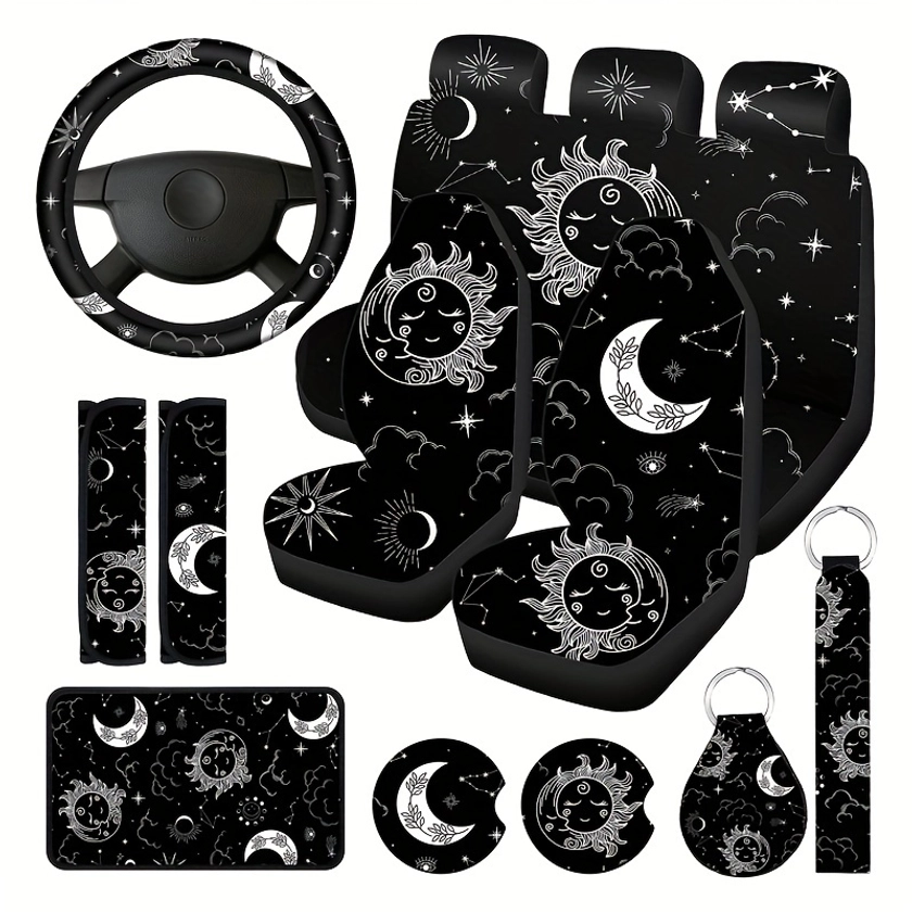 15pcs Star Moon Car Seat Cover Full Set Upgrade Car Front Seat Cover Universal Steering Wheel Cover Independent Headrest Cover Seat Belt Cushion