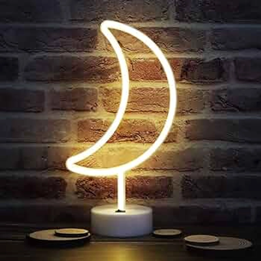 LED Moon Neon Signs, Crescent Night Lights USB Battery Operated Moon Lamp for Birthday Party, Wedding, Halloween, Christmas Decorations-Moon with Holder Base(Warm White)
