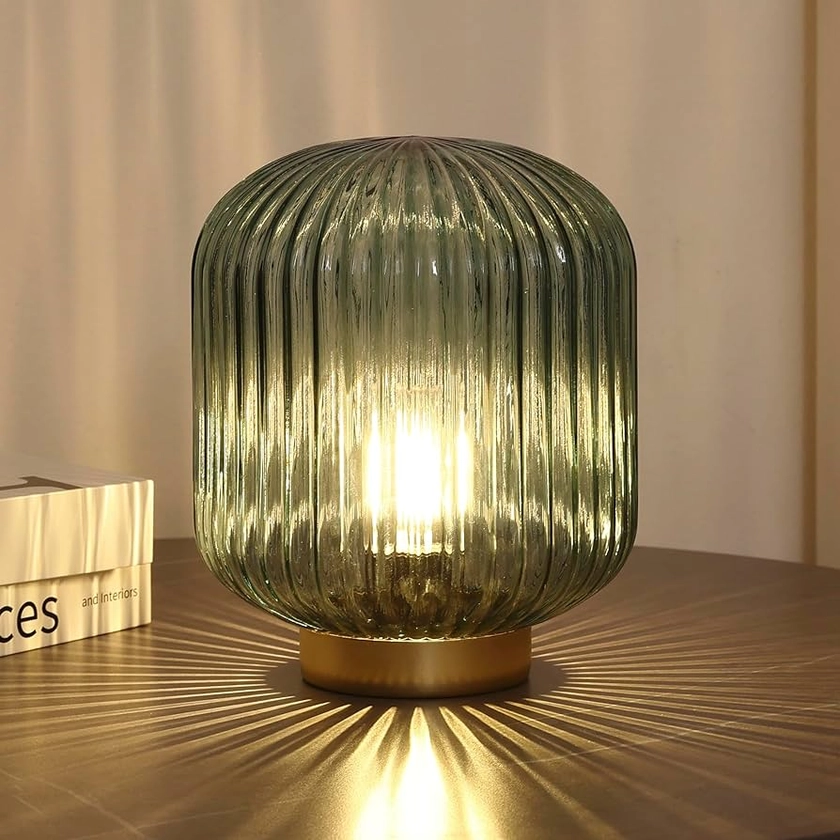 Battery Operated Lamp, Small Table Lamp with LED Bulb, Battery Powered Lamp Cordless Decorative Glass Beside Lamp for Bedroom Living Room Hallway Green