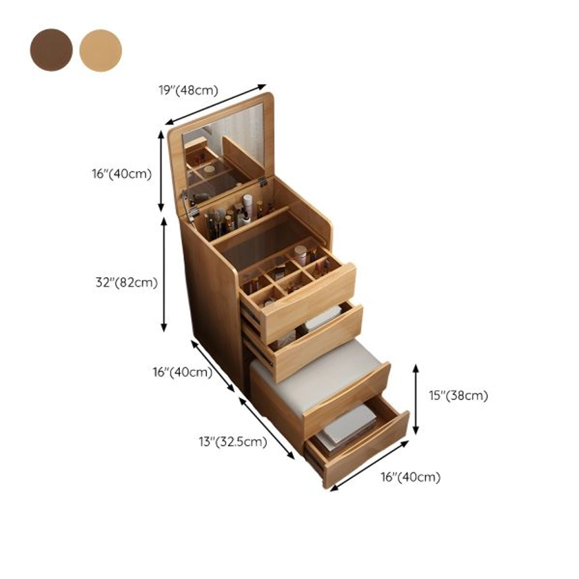 Scandinavian Wood Makeup Vanity with Mirror & 3 Drawers and Wood Seat included - Makeup Vanity & Stools Natural Finish