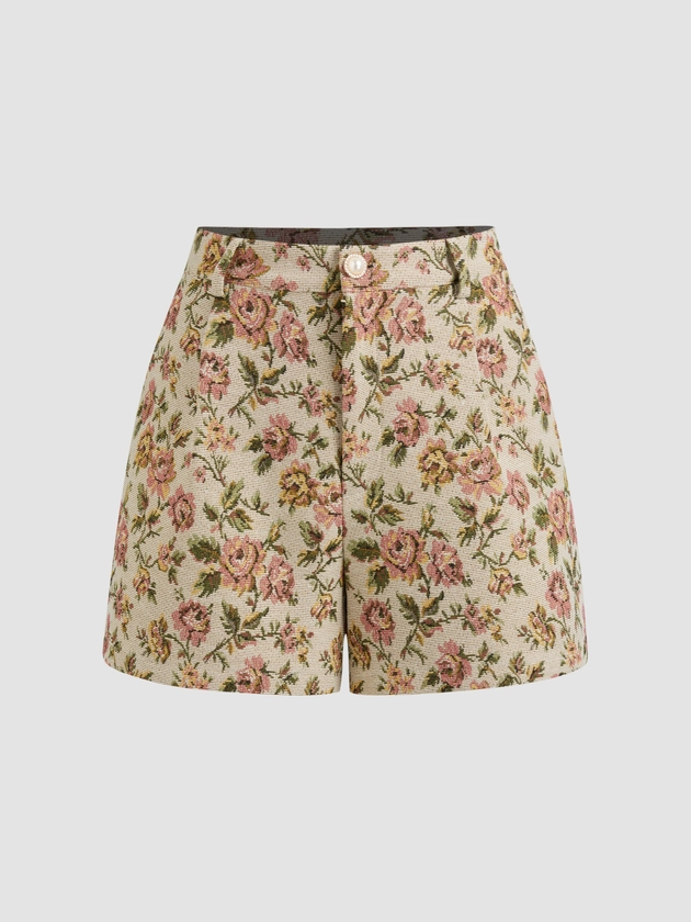 Cotton-blend Mid Rise Floral Pearl Button Pocket Shorts