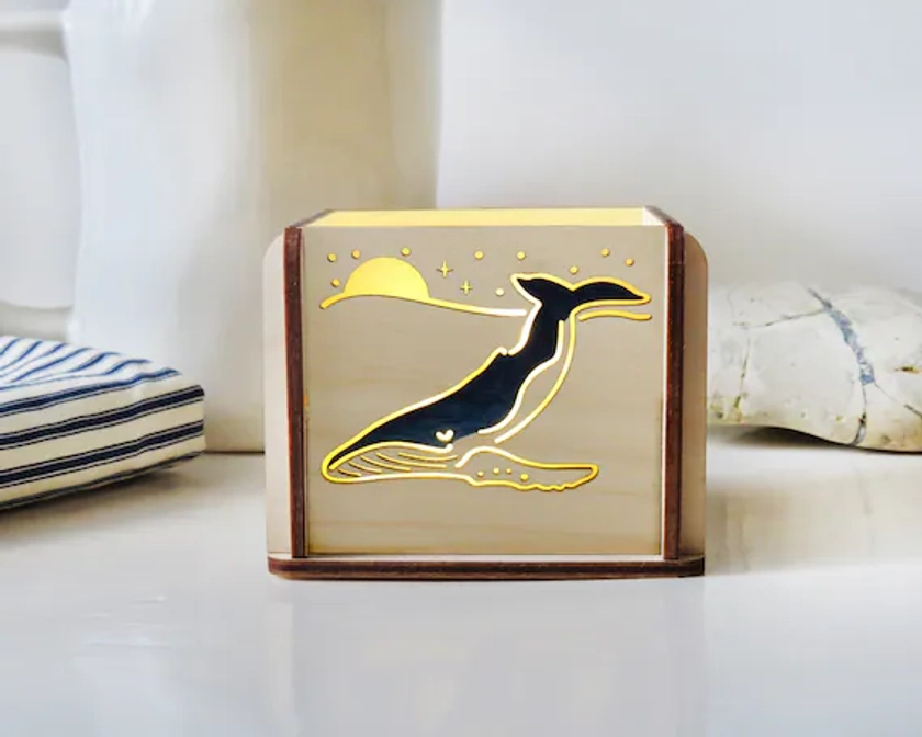 Personalised Whale Wooden Lightbox, Birthday gift, Mothers day, Stocking filler, secret Santa, whale, Christmas decoration, tealight, autumn
