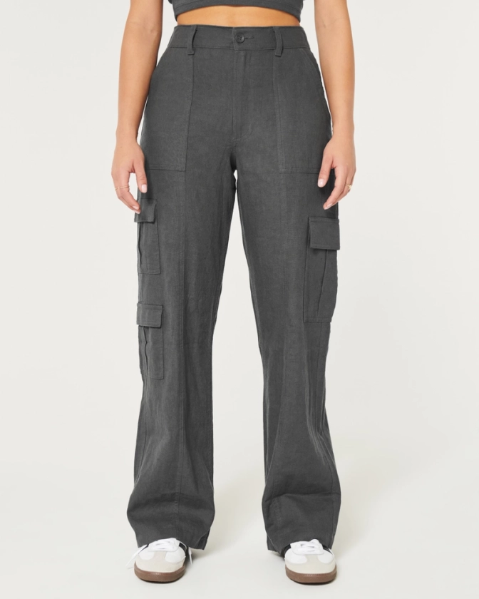 Femmes Pantalon cargo à trois poches ample en mélange de lin et à taille très haute | Femmes Jusqu’à -50 % sur certains styles | HollisterCo.com