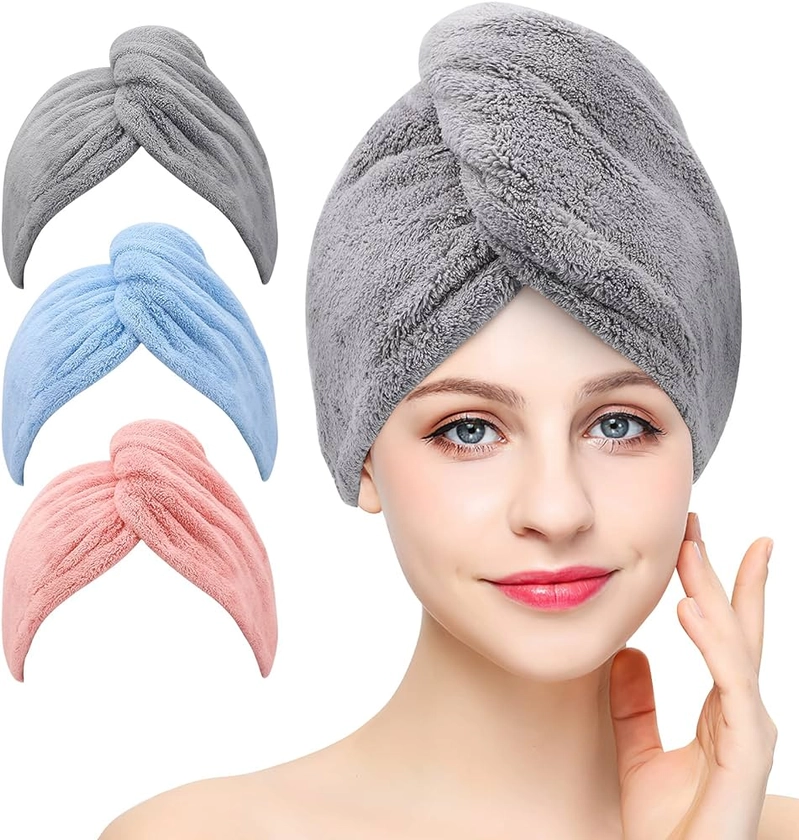 Laicky Lot de 3 serviettes de séchage en microfibre super absorbantes, turban torsadé, à séchage rapide avec boutons, boucle de bain, bonnet pour cheveux secs (gris, rose, bleu)