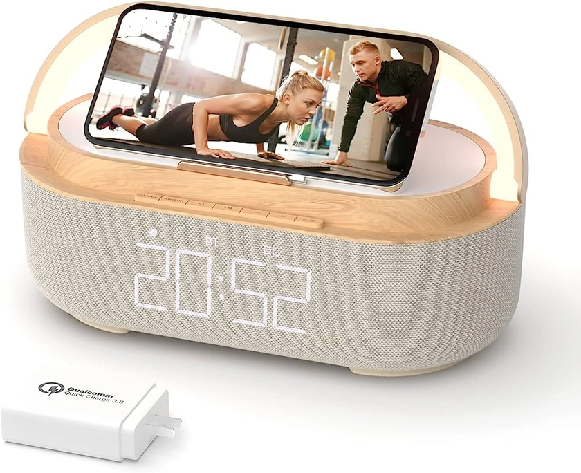 COLSUR Bluetooth Speaker Alarm Clock with Wireless Charger, LED Night Light, 2500mAh Battery - For Bedroom, Home