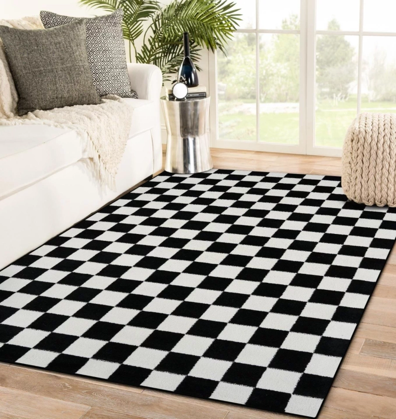 Luxe Weavers Checkered Black and White 5x7 Geometric Abstract Area Rug