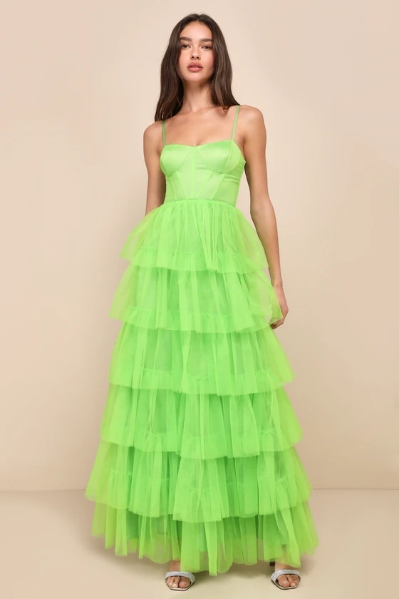 Rule the Runway Lime Green Tulle Bustier Tiered Maxi Dress