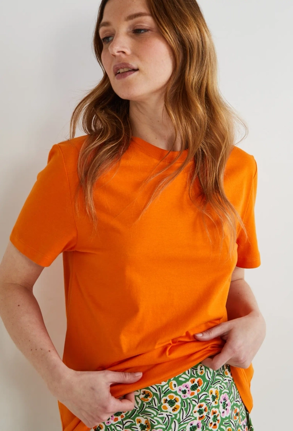 T-shirt col rond à manches courtes uni ORANGE pour femme - MONOPRIX