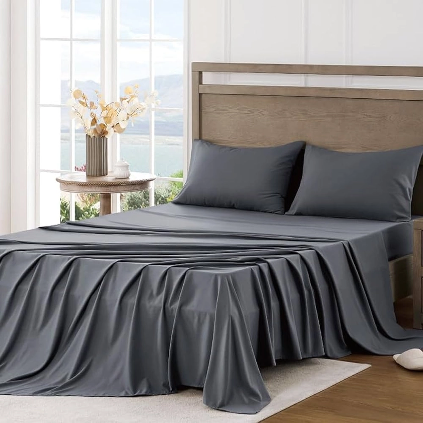 FreshCulture Queen Sheet Set - Ultra Soft Sheets for Queen Size Bed - Brushed Microfiber - Deep Pockets - Easy Care - Cooling & Breathable - 4 Pieces Hotel Luxury Queen Bed Sheets (Dark Grey)