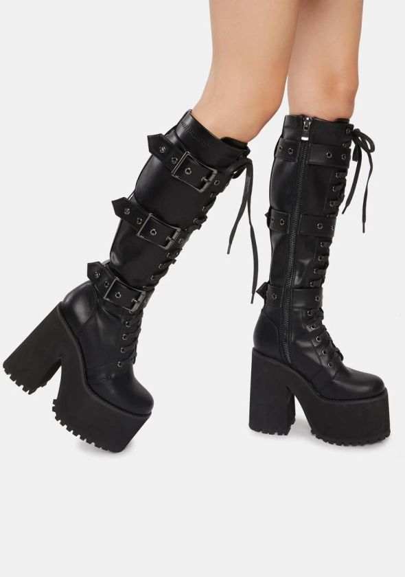 Widow Lace Up Buckle Knee High Platform Boots - Black