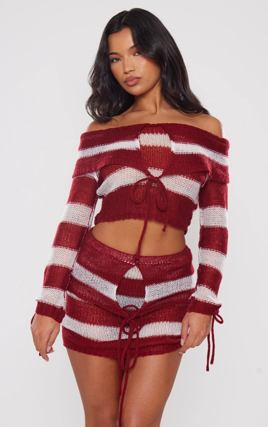 Cherry Red Abstract Knit Foldover Tie Bardot Top