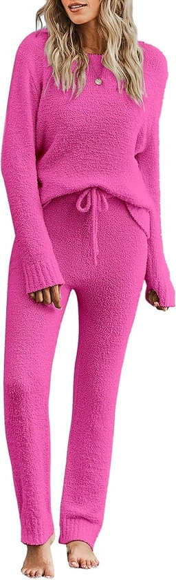 luvamia Women's Casual Pajama Set Fuzzy Fleece Knitted Long Sleeve Pj Loungewear