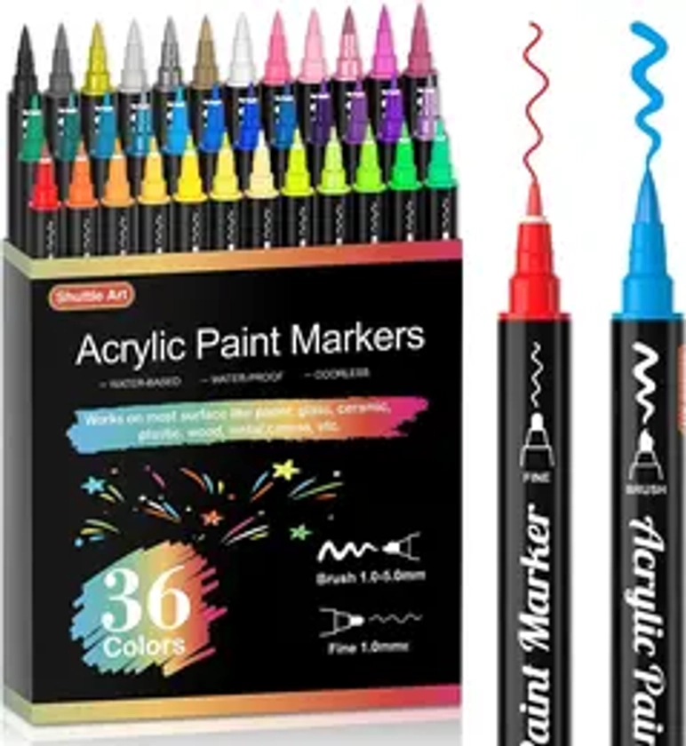 Shuttle Art 28/36/60 Colors Dual Tip Acrylic Paint Markers, Brush/dot tip and Fine Tip for Rock Painting, Ceramic, Wood, Canvas, Plastic, Glass, Stone, Calligraphy, Card Making, DIY Crafts,markers for coloring,dual tip marker set