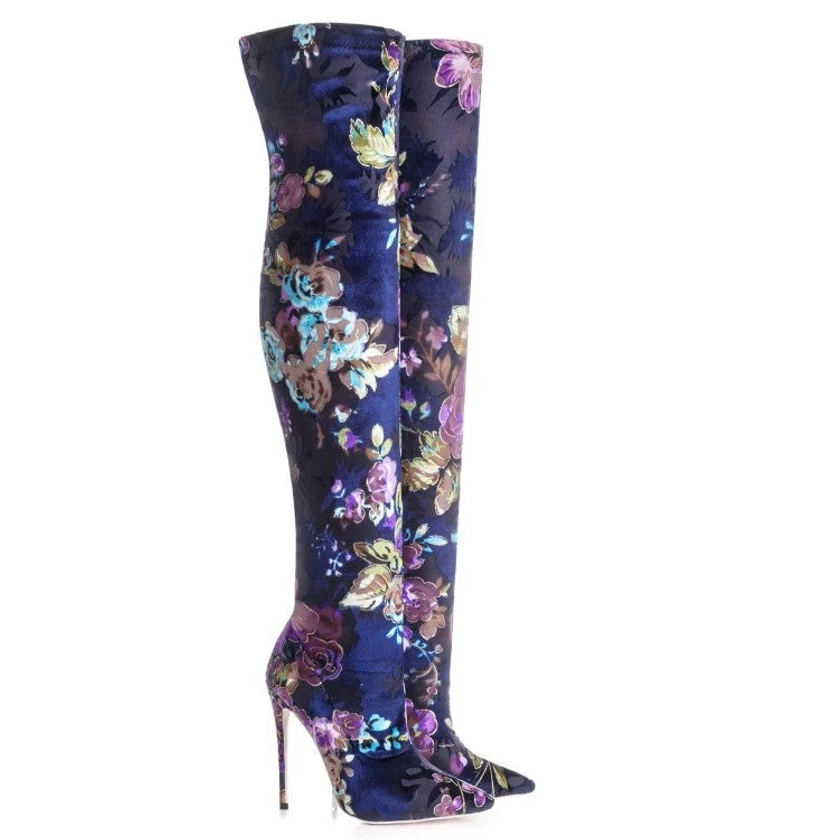 Floral Blue Thigh High Stiletto Heel Boots