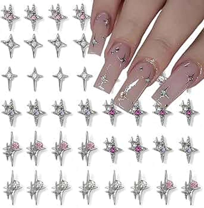 40Pcs Silver Star Nail Charms, 3D Stars Nail Art Charms for Acrylic Nails Shiny Alloy Crystal Star Nail Gems Nail Jewels Star Nail Rhinestones Nail Art Supplies for Women and Girls DIY Nail Decor