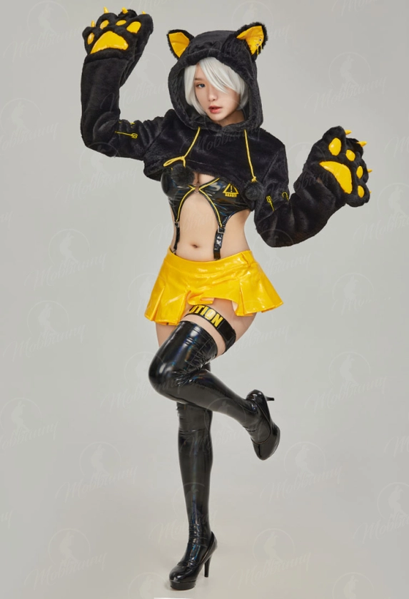 Motorcycle Style Gothic Yellow Sexy Lingerie Set Big Paw Hoodie and Top with Miniskirt and Stockings