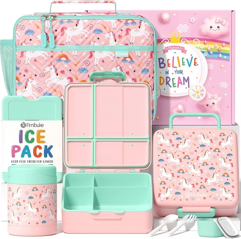 Fimibuke Kids Bento Snack Lunch Box with 4 Compartments, Insulated lunch Bag, Stainless Steel Thermos Food Jar, Ice Pack & Utensils, Unicorn Birthday Gift for Age 3-12 Back to School Toddler Girl Boy