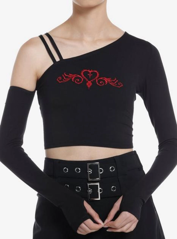Social Collision Red Heart Off-Shoulder Girls Crop Long-Sleeve Top | Hot Topic