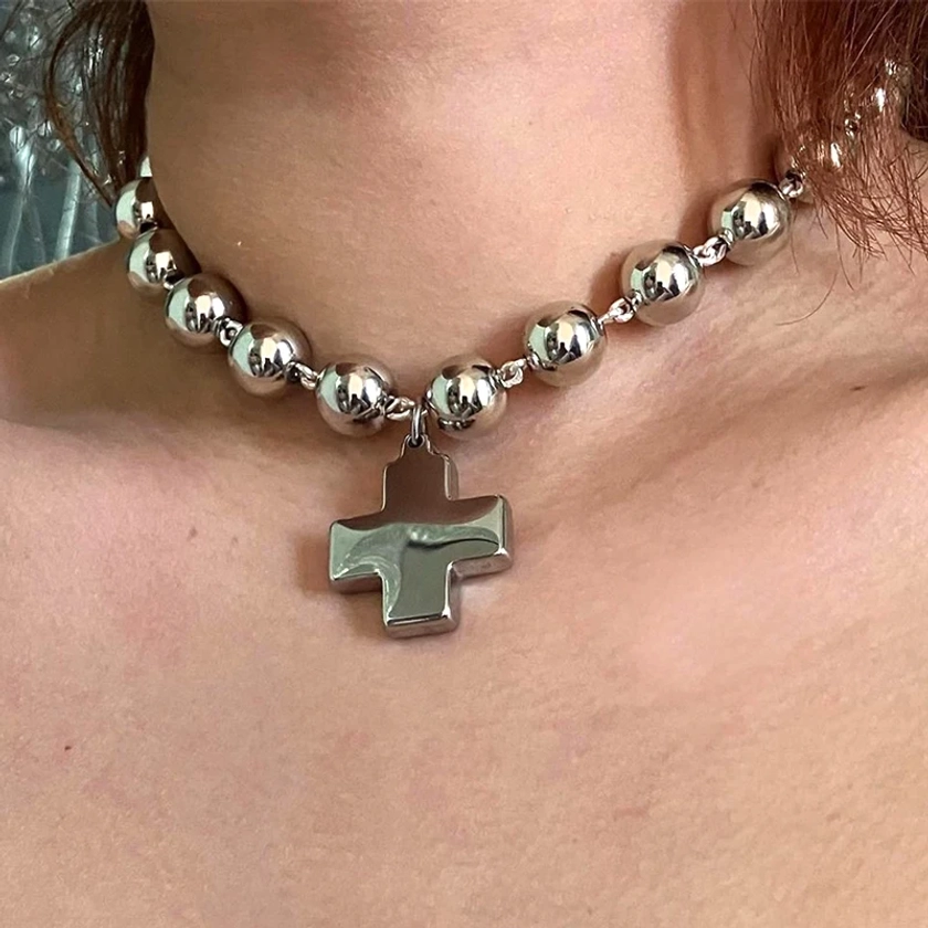 Collar con colgante de Cruz de cadenas de cuentas redondas de Rock Grunge para mujer, collares de dijes Punk coreanos, gargantilla de accesorios góticos - AliExpress