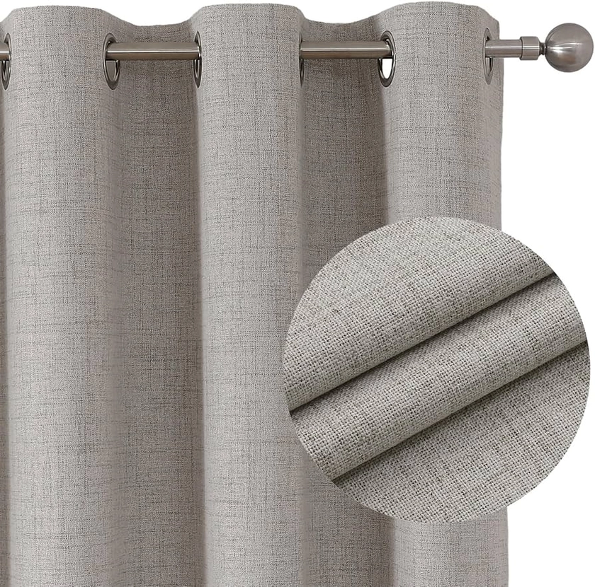 Joydeco 100% Blackout Linen Curtains Bedroom, Thermal Insulated Burlap Eyelet Curtain & Drapes, Room Darkening Textured Curtains Black Out for Living Room 2 Panels（Greyish White，W 46" x L 54"）