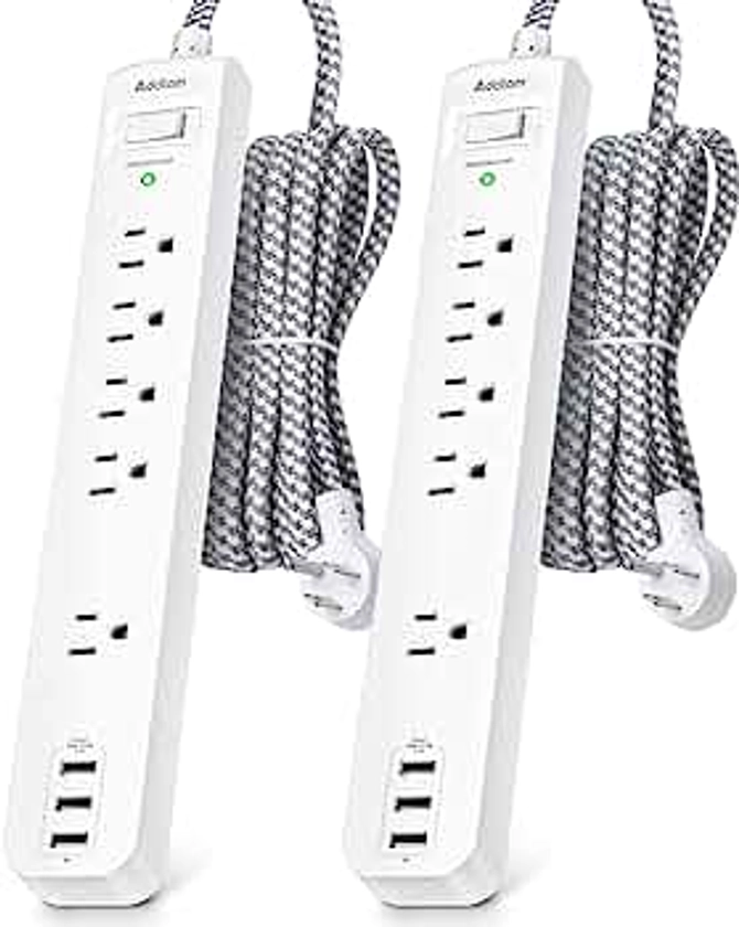 Surge Protector Power Strip - 10 FT Long Extension Cord with 5 Widely AC Outlets 3 USB Ports, Flat Plug with Overload Surge Protection for Home, Office, Dorm Essentials (2 Pack)