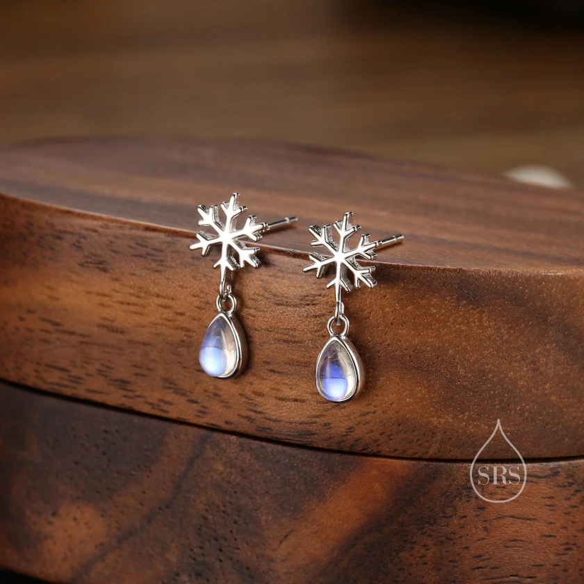 Snowflake and Moonstone Stud Earrings in Sterling Silver Snow - Etsy UK