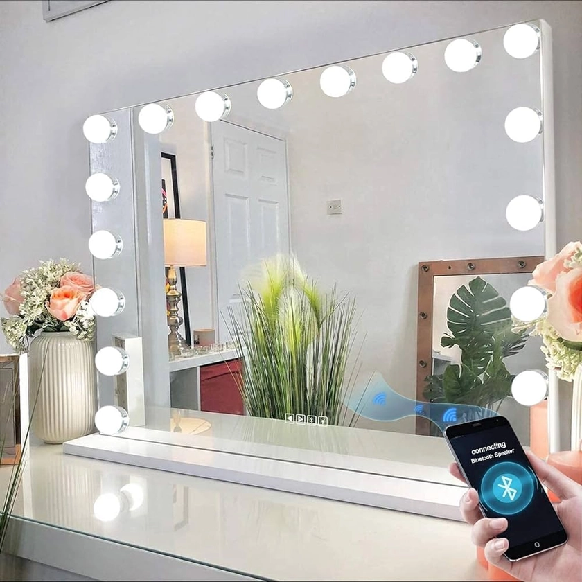 FENCHILIN Hollywood Miroir Maquillage avec 18 Ampoules Haut-parleurs intégrés LED Miroir de Maquillage Courtoisie avec 3 Modes d'éclairage Miroir cosmétique avec Miroir détaillé 10x Blanc 80x58cm