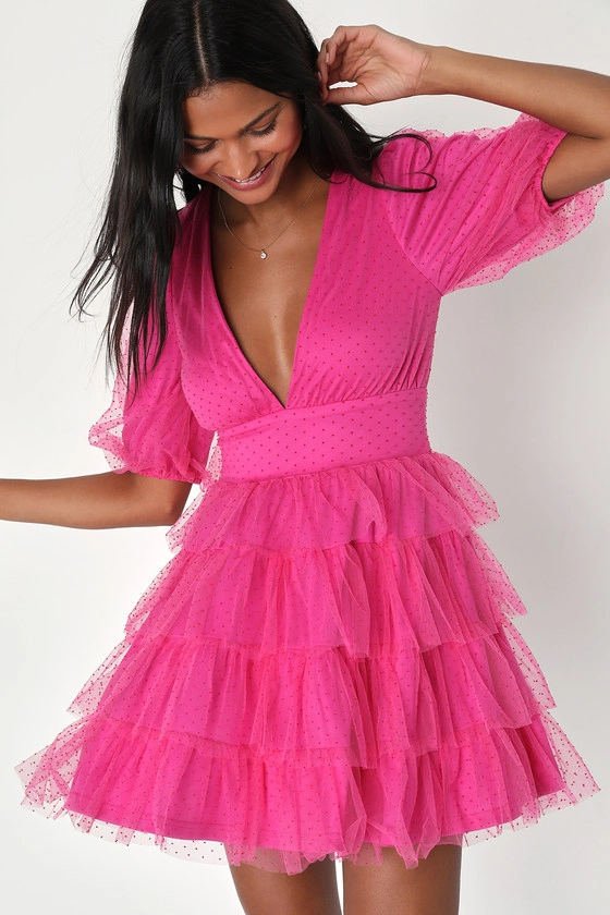 Dramatic Poise Hot Pink Dot Tulle Puff Sleeve Tiered Mini Dress