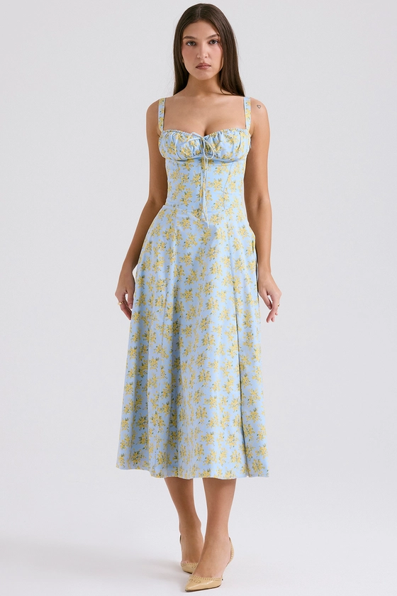 Clothing : Midi Dresses: 'Carmen' Soft Blue Vintage Cotton Floral Print Bustier Sundress