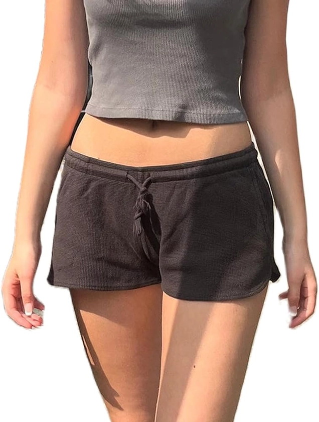 Women Y2K Low Rise Sweat Shorts Summer Cute Low Waist Wide Leg Mini Shorts Casual Basic Drawstring Lounge Shorts