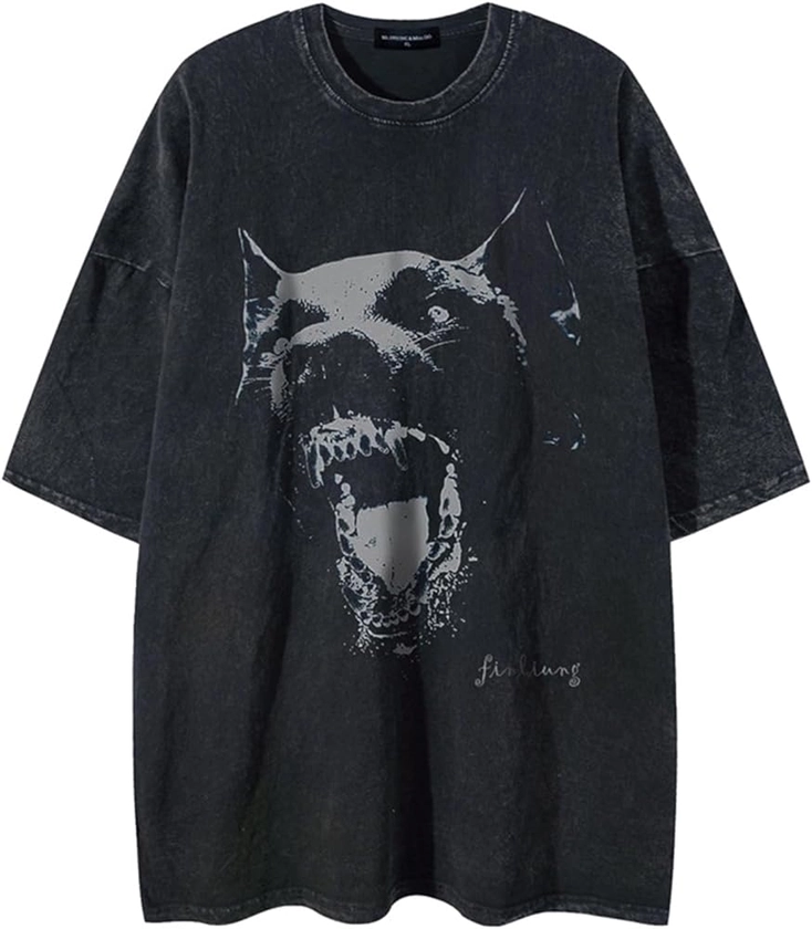 Mens Oversize Wash T Shirt Dog Graphic Vintage Unisex Summer Crew Neck Short Sleeve Loose Steetwear Y2K Hip Hop Tees Tops