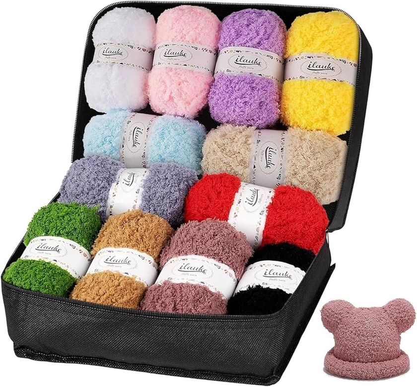 12 Couleurs Laine Velours,ilauke 12 * 50g Pelotes de Laine à Tricoter Fil Laine Épaisse,Laine Chenille Multicolore Fil à Tricoter à la Main avec Sac de Rangement Noir pour Débutants et Professionnels