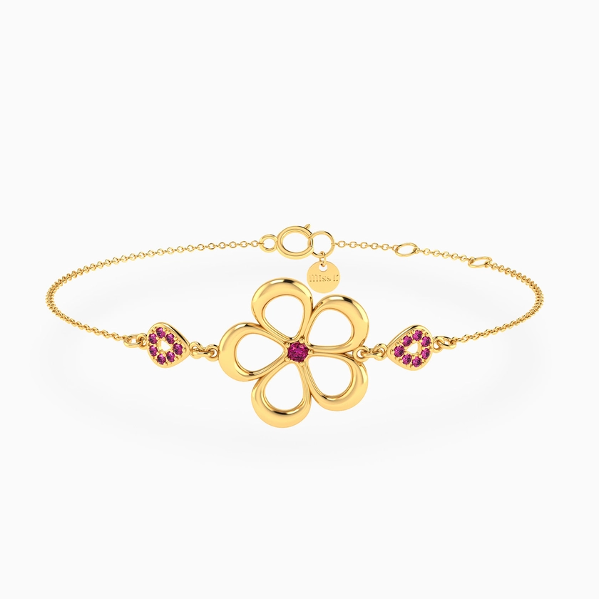 Flower Shaped Colored Stones Chain Bracelet in 18K Gold | Miss L' KSA