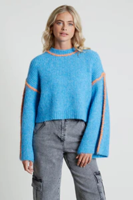 LENI KNITTED BELL SLEEVE JUMPER WITH CONTRAST HAND-STITCH DETAIL