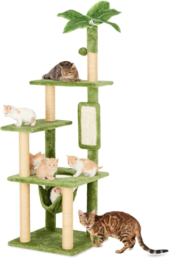 55" Cat Tree for Indoor Cats with Green Leaves, Multi-Level Large Cat Tower for Indoor Cats with Hammock, Plush Cat House with Hang Ball Toy and Cat Sisal Scratching Posts Cat Furniture, Green