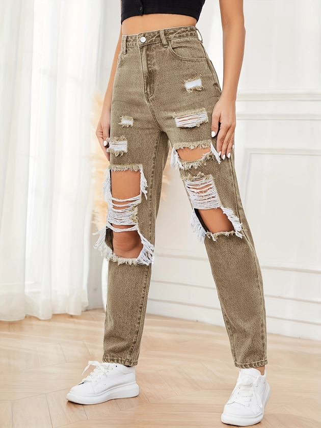 Women's Plain Khaki Ripped Jeans Distressed High waist Denim - Temu