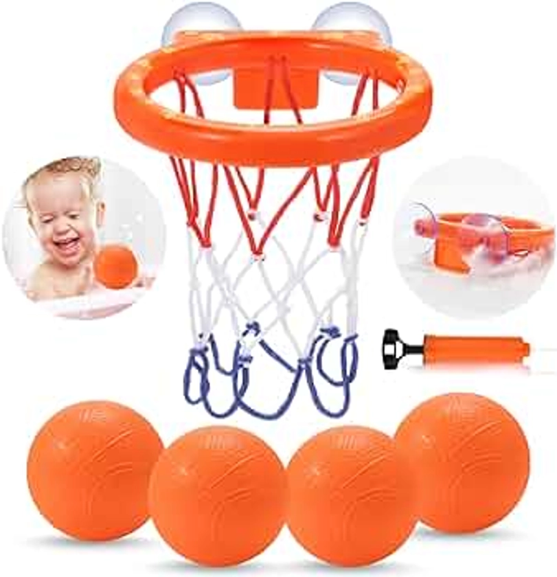 Bath Toys,Mold Free Bath Basketball Hoop for Kids Ages 1-3,No Mold Bathtub Basketball Hoop for Toddlers,Strong Suction Cup Basketball Hoop & 4 Soft Balls Set for Boys Girls,Tub Toys for Kids 4-8