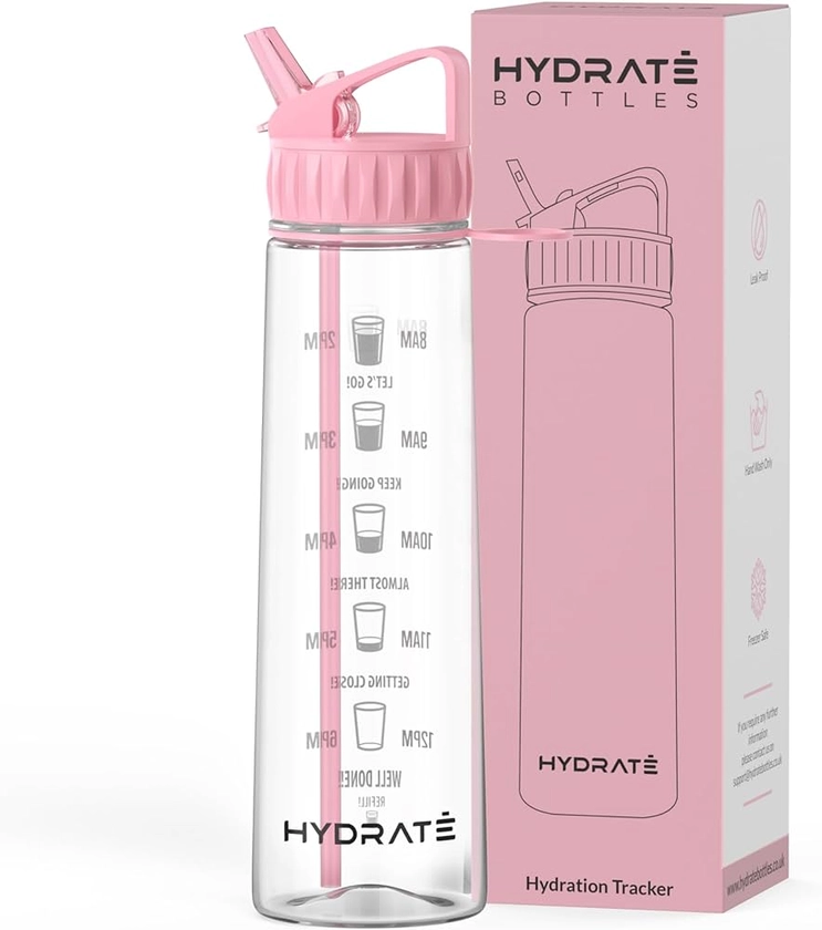 HYDRATE Water Bottles Motivational premium 900ml water bottles with straw â Daily water intake with Time Markings, BPA-Free. Leak proof Ideal for hydration at office, gym. (Pink)