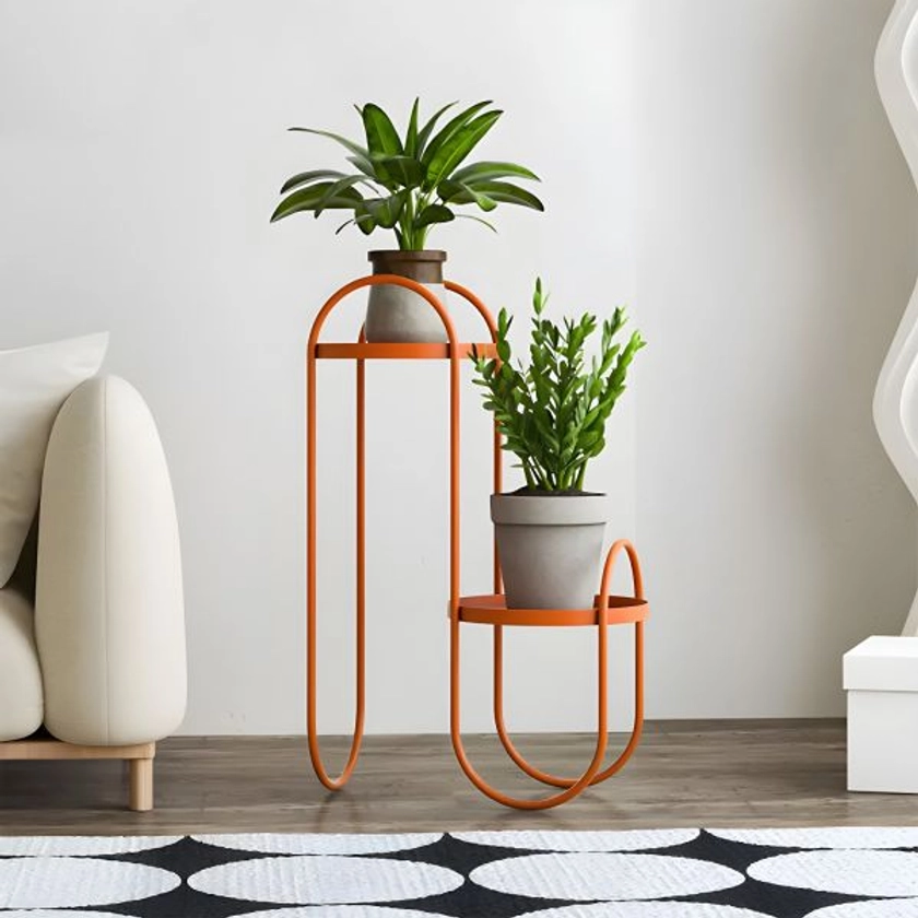 Round Metal Multi-Tiered Plant Stand with 2 Shelves, Sleek Design, and Warranty - Orange
