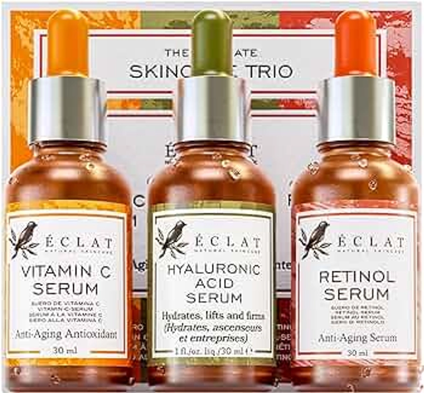 Eclat Skincare 3-Pack Face Serums - Vitamin C, Hyaluronic Acid, Retinol for Anti-Aging, Hydrating Care
