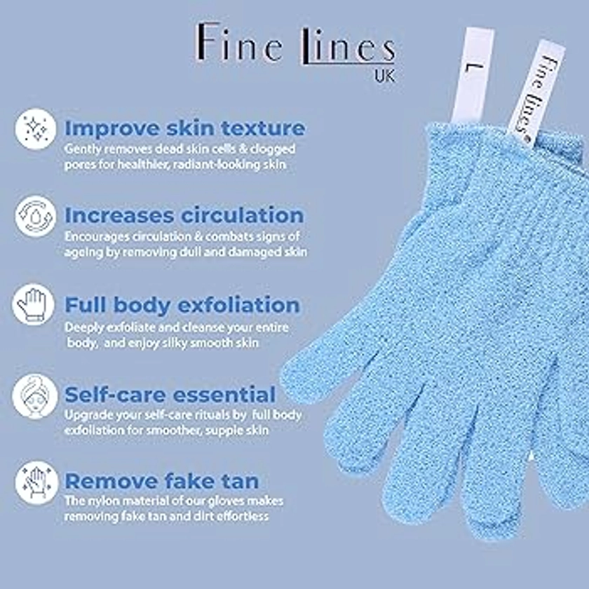 Fine Lines - Exfoliating Shower Gloves, Blue | Exfoliating Glove for Bath scrub, Dead Skin Remover | Exfoliating mitt | Body Scrub Gloves with Hanging Hoops | Protected Design