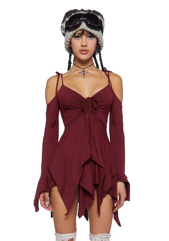 Current Mood Off The Shoulder Handkerchief Mini Dress - Burgundy